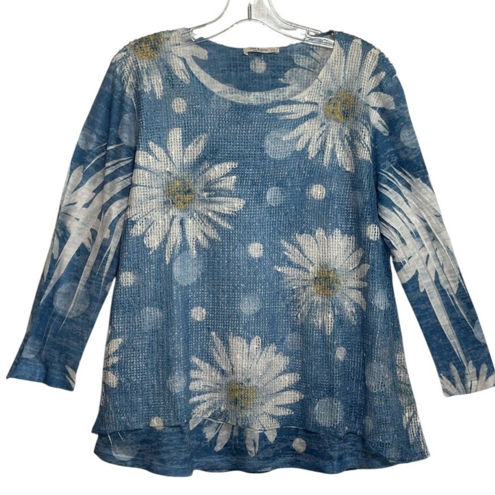 Jess & Jane Tunic Top Women Blue Daisy Floral Mesh Overlay USA Cottagecore L